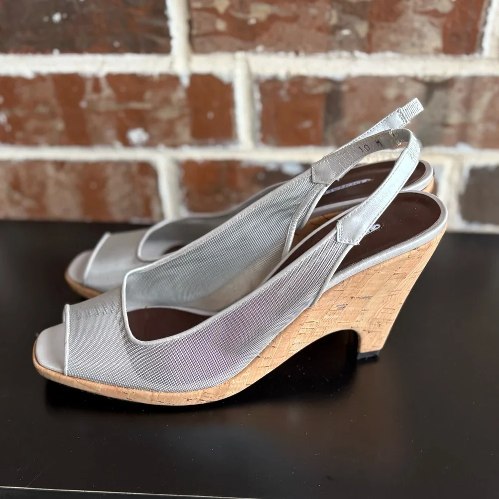 Donald J. Pliner Silver Metal Mesh Natural Cork Slingback Sandals Size 10